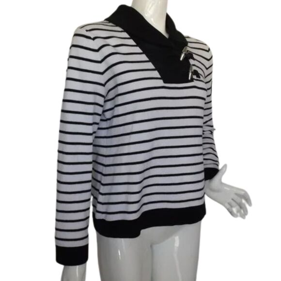 LAUREN RALPH LAUREN Sweater, L Black/White stripes, Shawl Collar/Toggle buttons - Picture 2 of 12